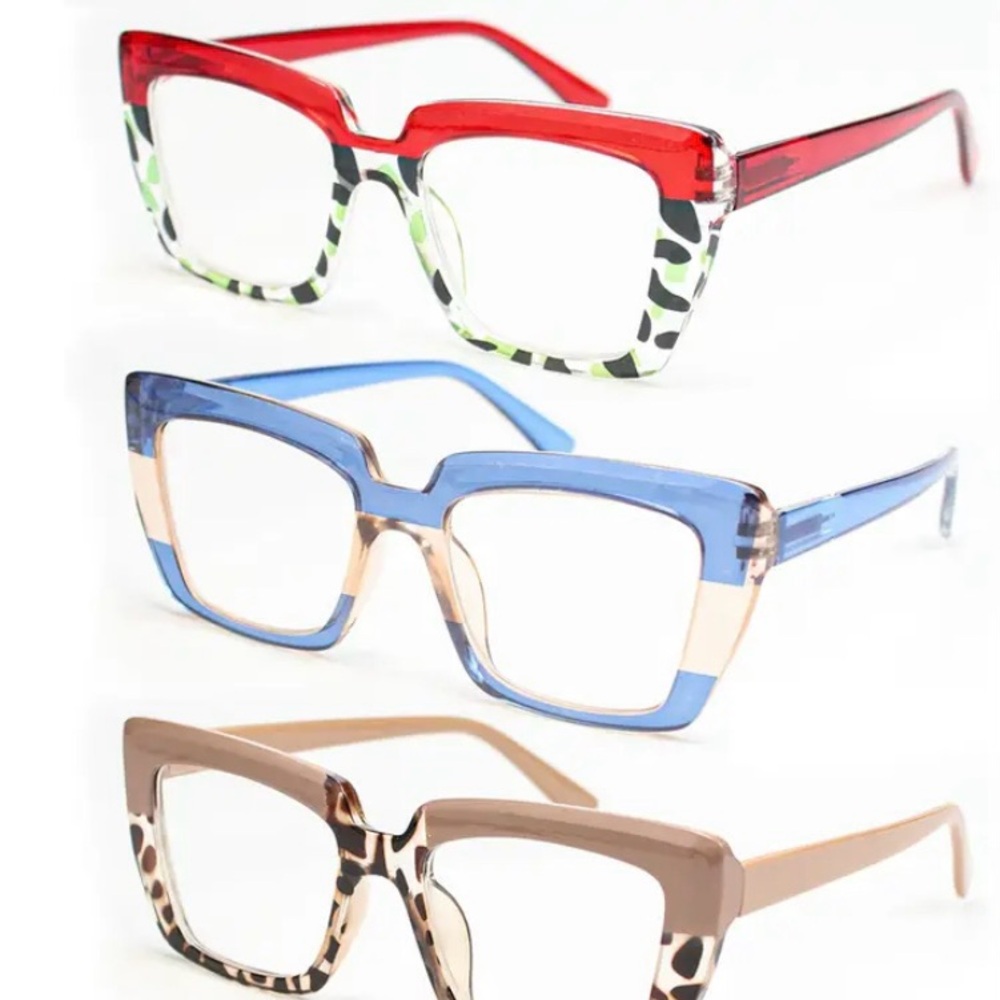 Red, Blue, and Brown Tortoise Square Reading Glasses Set +2.00